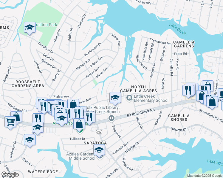 map of restaurants, bars, coffee shops, grocery stores, and more near 8029 Tarpon Place in Norfolk