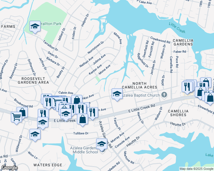 map of restaurants, bars, coffee shops, grocery stores, and more near 8029 Tarpon Place in Norfolk
