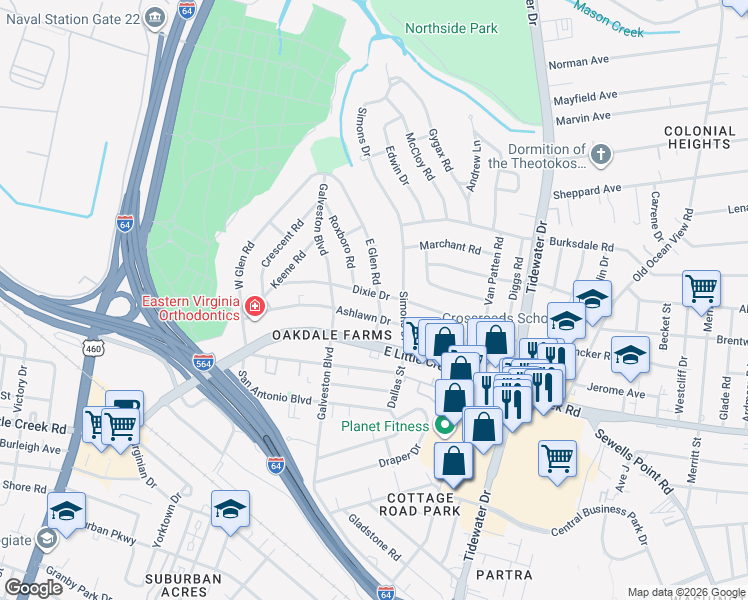 map of restaurants, bars, coffee shops, grocery stores, and more near 417 Dixie Drive in Norfolk