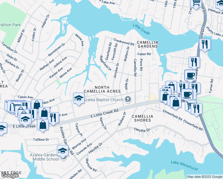 map of restaurants, bars, coffee shops, grocery stores, and more near 8013 Jerrylee Drive in Norfolk