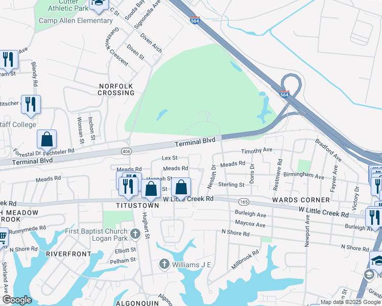 map of restaurants, bars, coffee shops, grocery stores, and more near 7864 Ogden Avenue in Norfolk