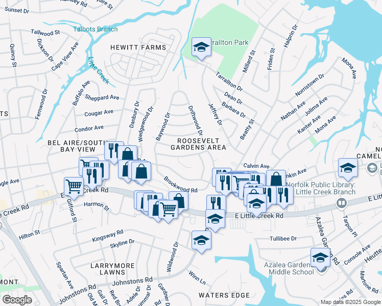 map of restaurants, bars, coffee shops, grocery stores, and more near 1868 Arrowwood Street in Norfolk