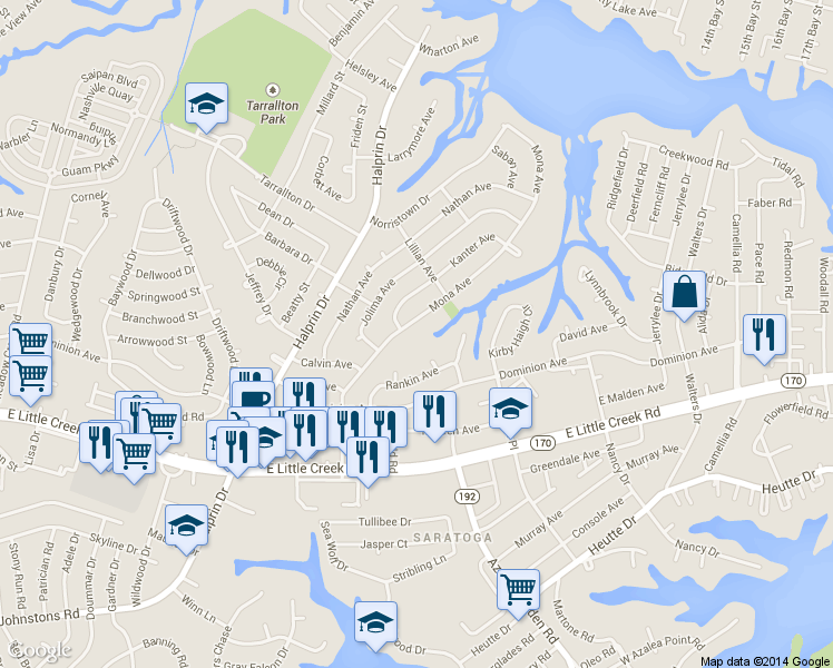 map of restaurants, bars, coffee shops, grocery stores, and more near 8204 Mona Avenue in Norfolk