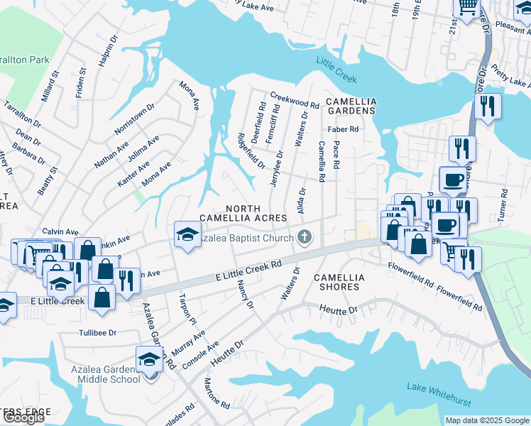 map of restaurants, bars, coffee shops, grocery stores, and more near 8013 Jerrylee Drive in Norfolk