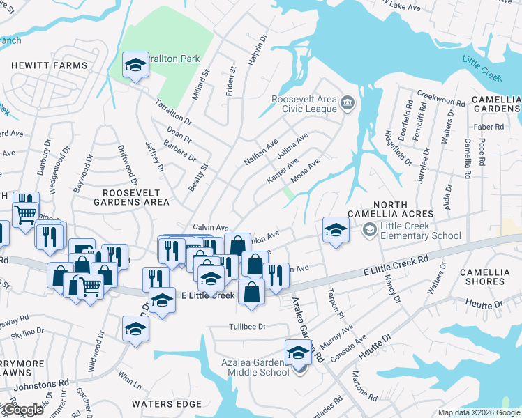 map of restaurants, bars, coffee shops, grocery stores, and more near 8204 Mona Avenue in Norfolk