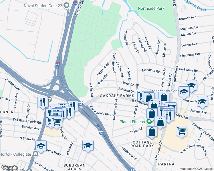 map of restaurants, bars, coffee shops, grocery stores, and more near 322 Ashlawn Drive in Norfolk