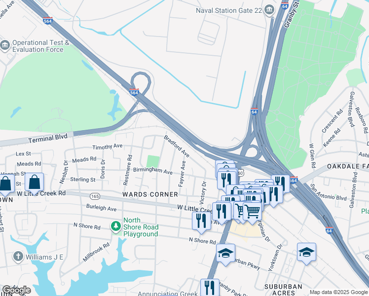 map of restaurants, bars, coffee shops, grocery stores, and more near 312 Bradford Avenue in Norfolk