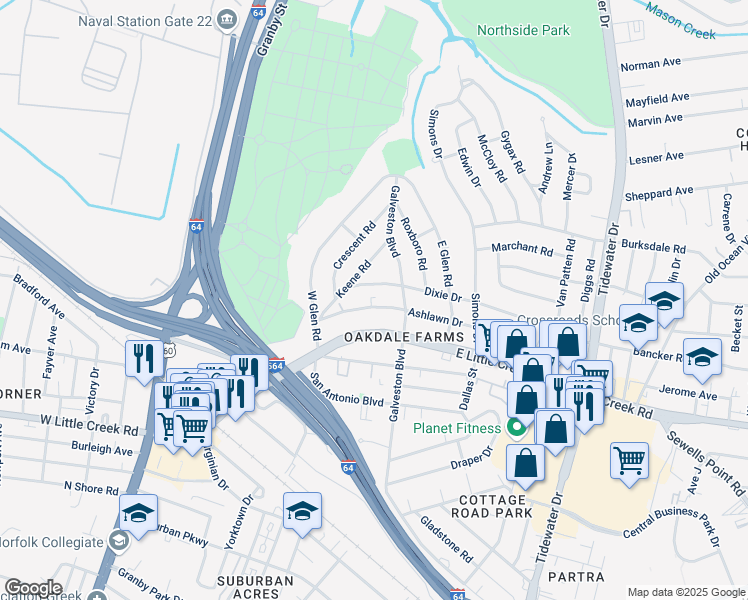 map of restaurants, bars, coffee shops, grocery stores, and more near 324 Ashlawn Drive in Norfolk