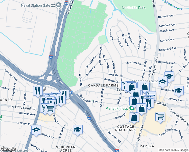 map of restaurants, bars, coffee shops, grocery stores, and more near 322 Ashlawn Drive in Norfolk