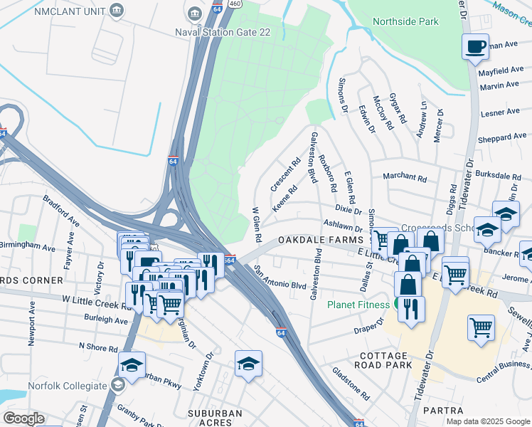 map of restaurants, bars, coffee shops, grocery stores, and more near 7923 Keene Road in Norfolk