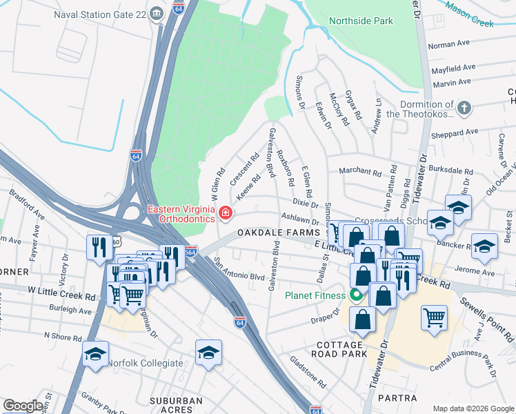 map of restaurants, bars, coffee shops, grocery stores, and more near 324 Ashlawn Drive in Norfolk
