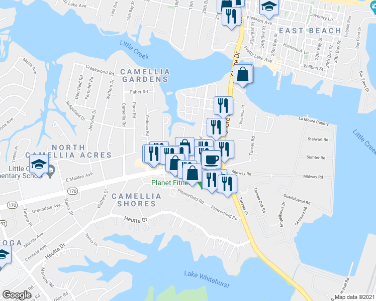 map of restaurants, bars, coffee shops, grocery stores, and more near 7936 Thompson Road in Norfolk