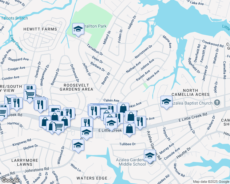 map of restaurants, bars, coffee shops, grocery stores, and more near 8116 Nathan Avenue in Norfolk