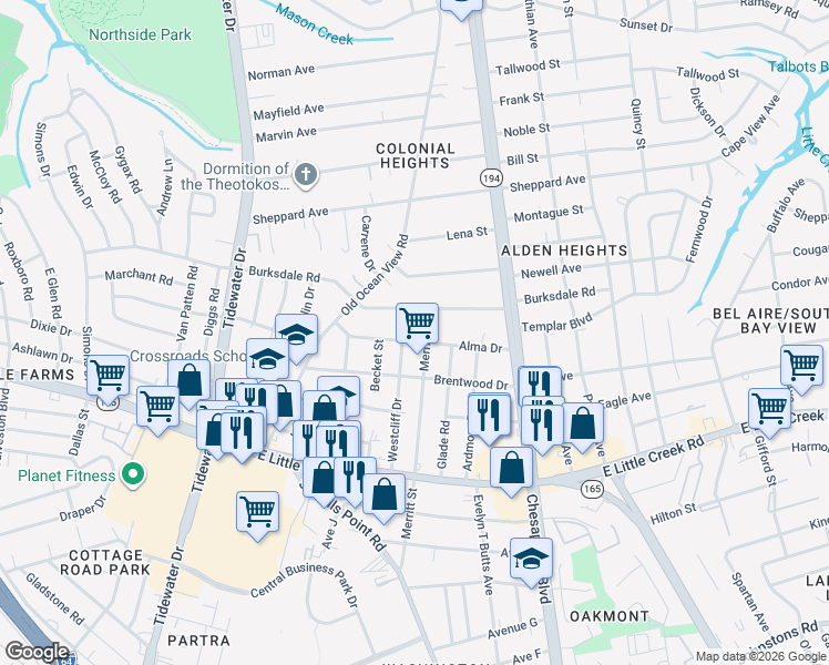 map of restaurants, bars, coffee shops, grocery stores, and more near 864 Alma Drive in Norfolk