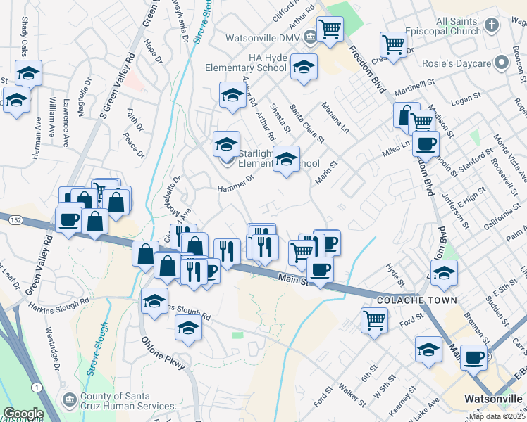 map of restaurants, bars, coffee shops, grocery stores, and more near 318 Pennsylvania Drive in Watsonville