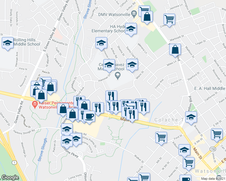 map of restaurants, bars, coffee shops, grocery stores, and more near 318 Pennsylvania Drive in Watsonville