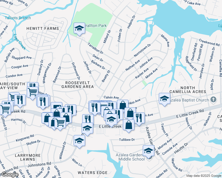 map of restaurants, bars, coffee shops, grocery stores, and more near 8116 Nathan Avenue in Norfolk