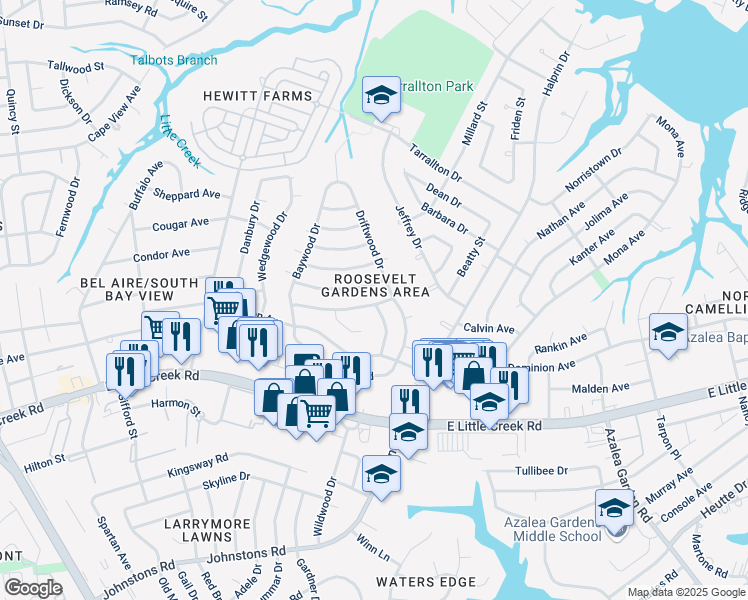 map of restaurants, bars, coffee shops, grocery stores, and more near 1859 Branchwood Street in Norfolk