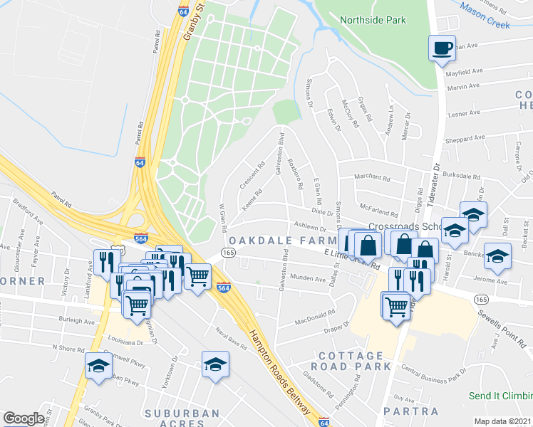 map of restaurants, bars, coffee shops, grocery stores, and more near 326 Ashlawn Drive in Norfolk