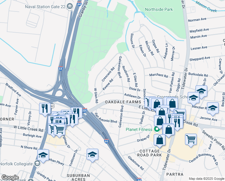map of restaurants, bars, coffee shops, grocery stores, and more near 326 Ashlawn Drive in Norfolk