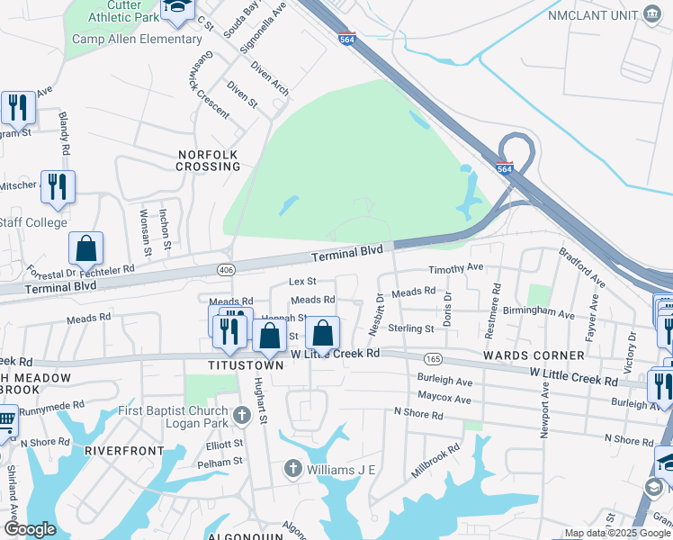 map of restaurants, bars, coffee shops, grocery stores, and more near 7864 Ogden Avenue in Norfolk