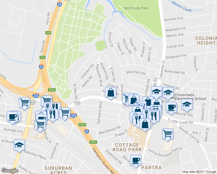 map of restaurants, bars, coffee shops, grocery stores, and more near 409 Dixie Drive in Norfolk