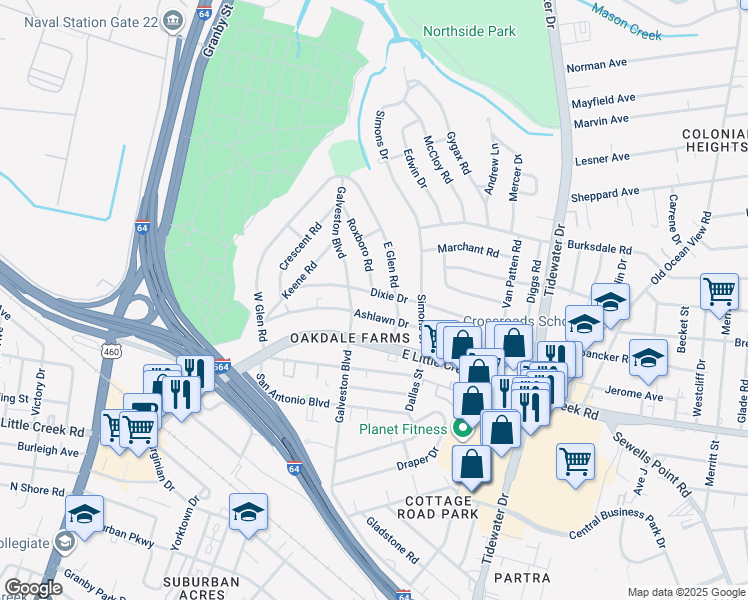 map of restaurants, bars, coffee shops, grocery stores, and more near 409 Dixie Drive in Norfolk