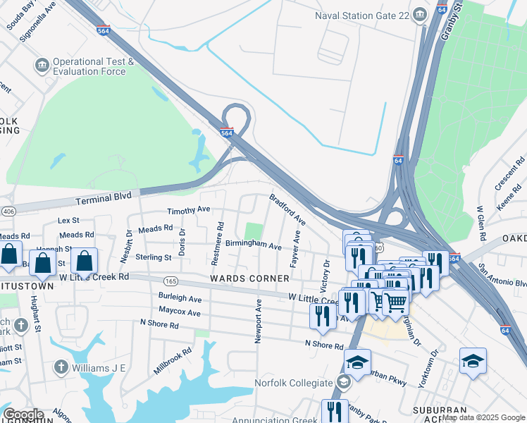 map of restaurants, bars, coffee shops, grocery stores, and more near 7737 Newport Avenue in Norfolk