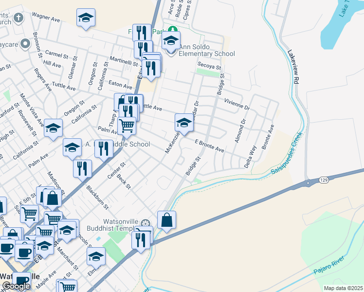 map of restaurants, bars, coffee shops, grocery stores, and more near 2 Carita Court in Watsonville