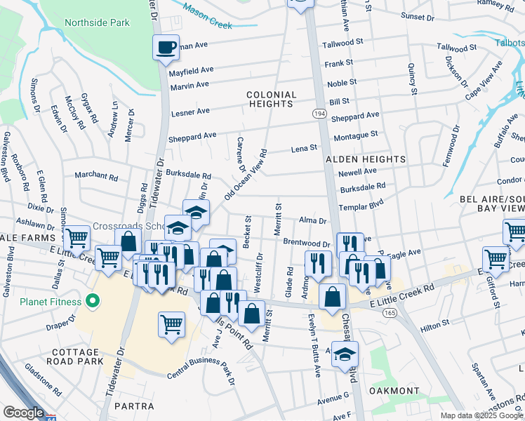 map of restaurants, bars, coffee shops, grocery stores, and more near 864 Alma Drive in Norfolk
