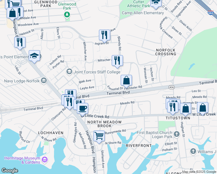 map of restaurants, bars, coffee shops, grocery stores, and more near 976 Blandy Road in Norfolk