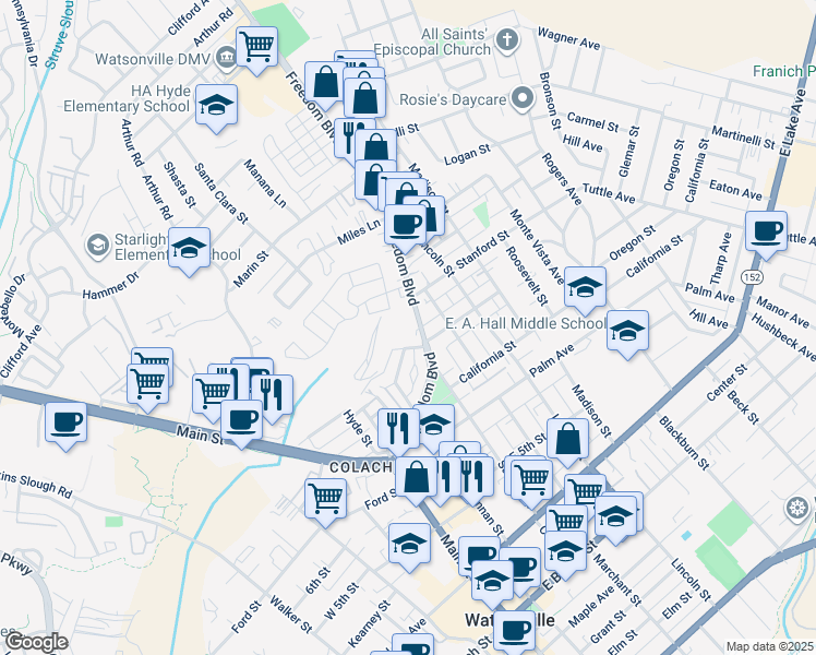 map of restaurants, bars, coffee shops, grocery stores, and more near 921 Freedom Blvd in Watsonville