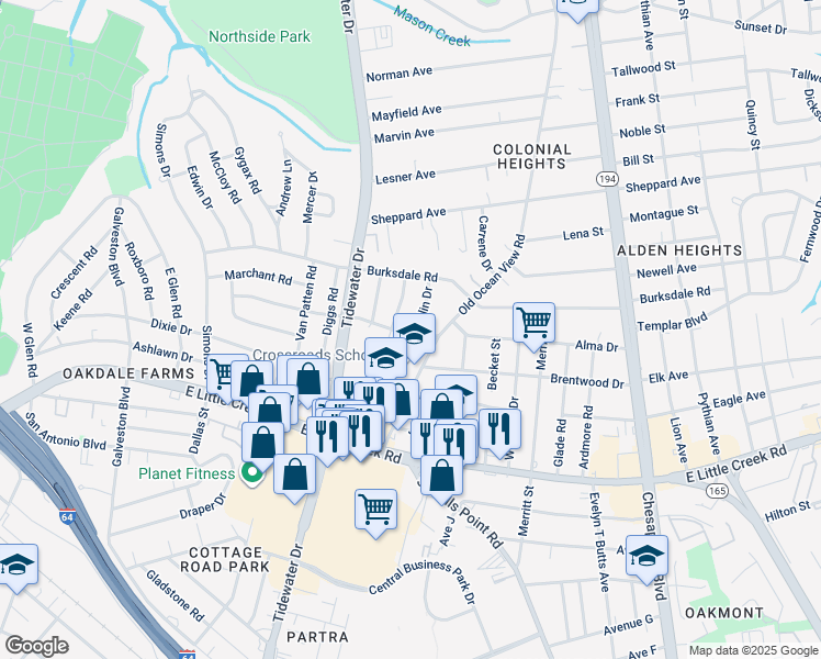 map of restaurants, bars, coffee shops, grocery stores, and more near 8101 Colin Drive in Norfolk