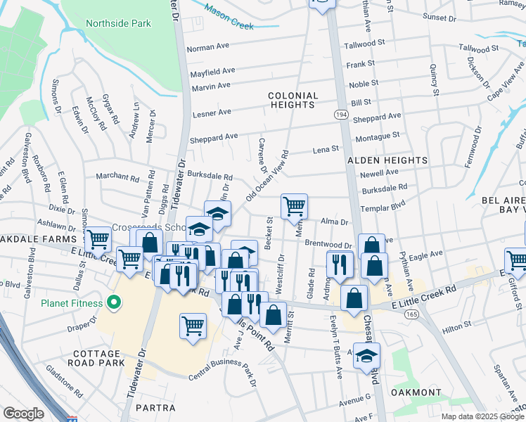 map of restaurants, bars, coffee shops, grocery stores, and more near 832 Alma Drive in Norfolk