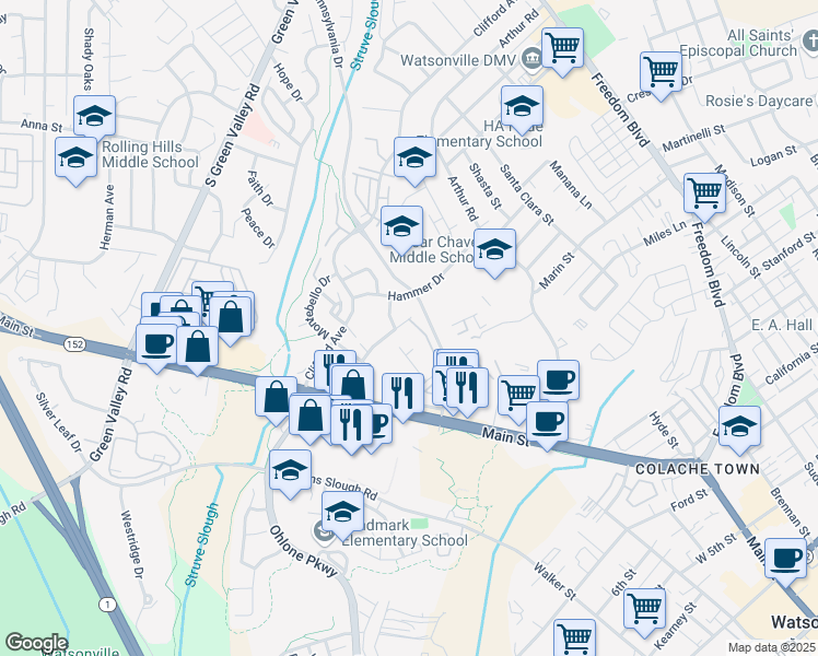 map of restaurants, bars, coffee shops, grocery stores, and more near 56 Altamont Drive in Watsonville