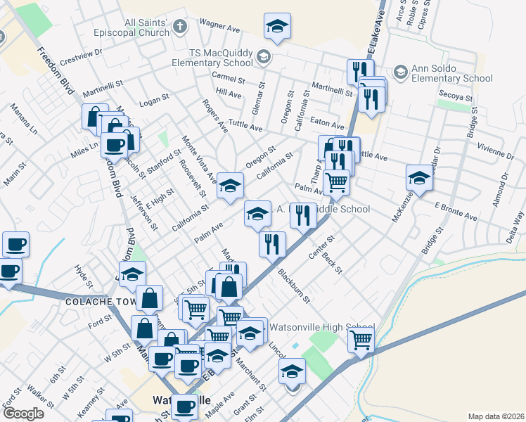 map of restaurants, bars, coffee shops, grocery stores, and more near 206 Brewington Avenue in Watsonville