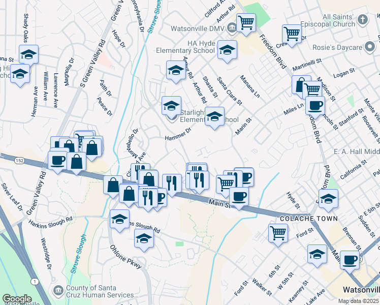 map of restaurants, bars, coffee shops, grocery stores, and more near 318 Pennsylvania Drive in Watsonville