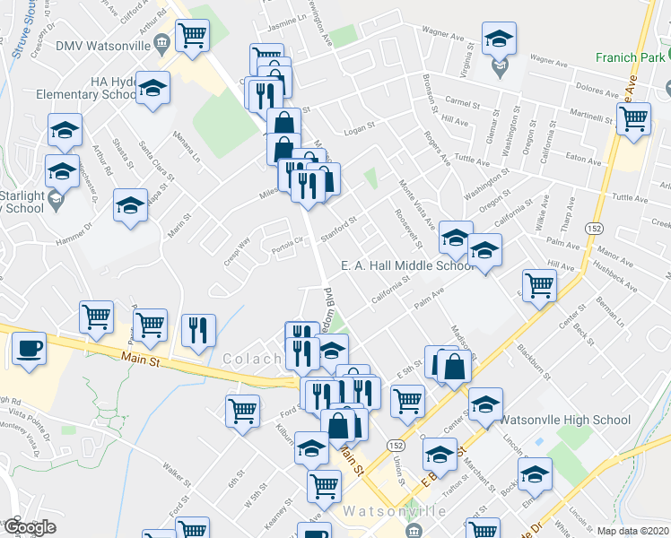 map of restaurants, bars, coffee shops, grocery stores, and more near 21 East High Street in Watsonville