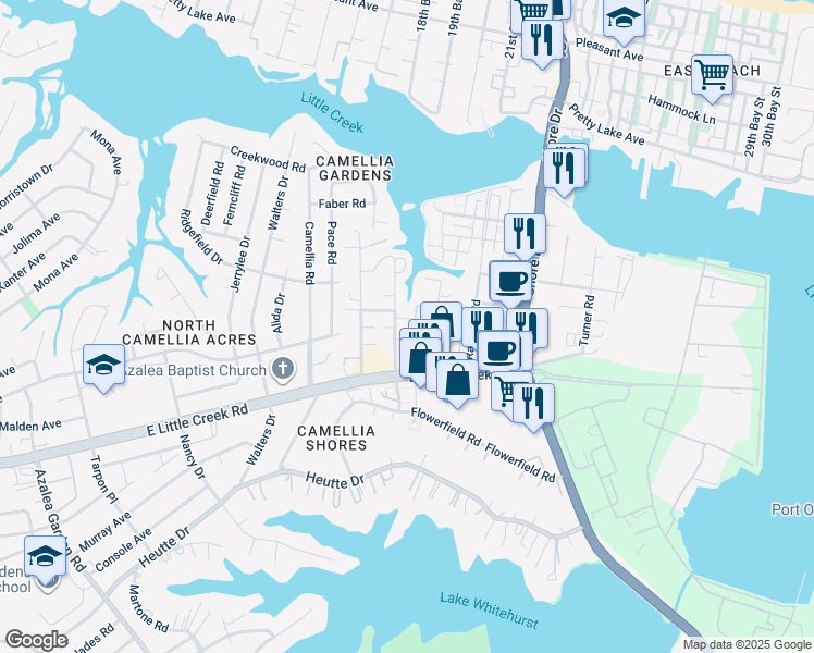 map of restaurants, bars, coffee shops, grocery stores, and more near 7940 Woodall Road in Norfolk