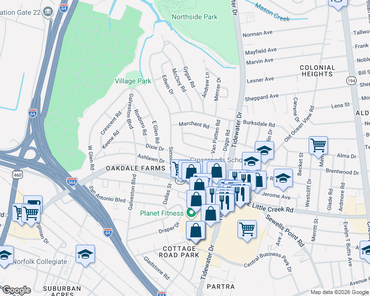 map of restaurants, bars, coffee shops, grocery stores, and more near 549 McFarland Road in Norfolk