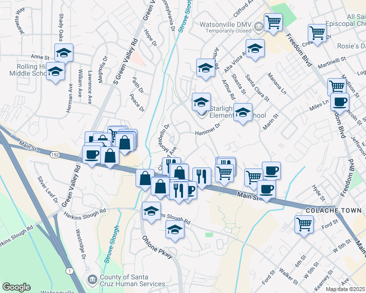 map of restaurants, bars, coffee shops, grocery stores, and more near 375 Clifford Avenue in Watsonville