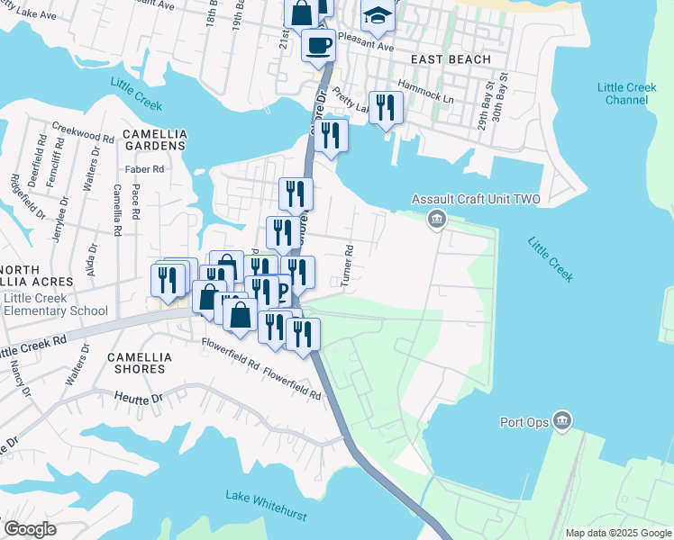 map of restaurants, bars, coffee shops, grocery stores, and more near 7921 Turner Road in Norfolk