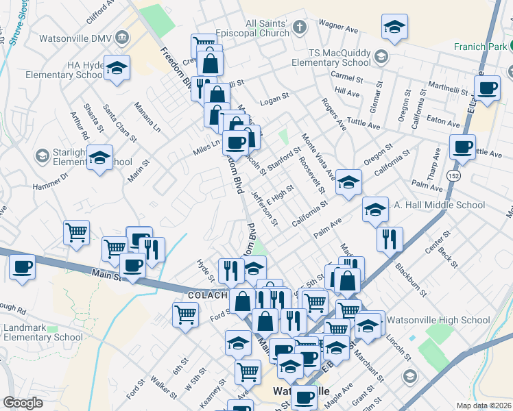 map of restaurants, bars, coffee shops, grocery stores, and more near 21 East High Street in Watsonville