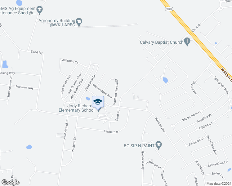 map of restaurants, bars, coffee shops, grocery stores, and more near Southern Sky Circle in Bowling Green