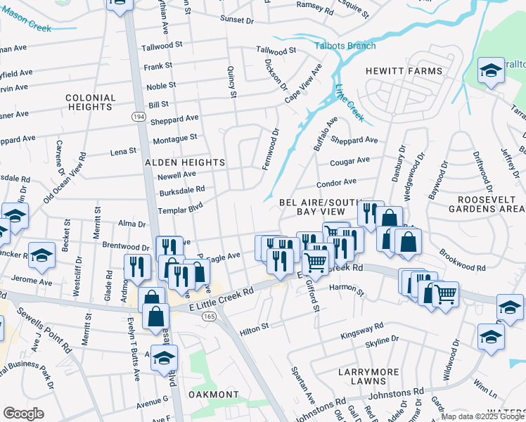 map of restaurants, bars, coffee shops, grocery stores, and more near 1358 Crane Crescent in Norfolk