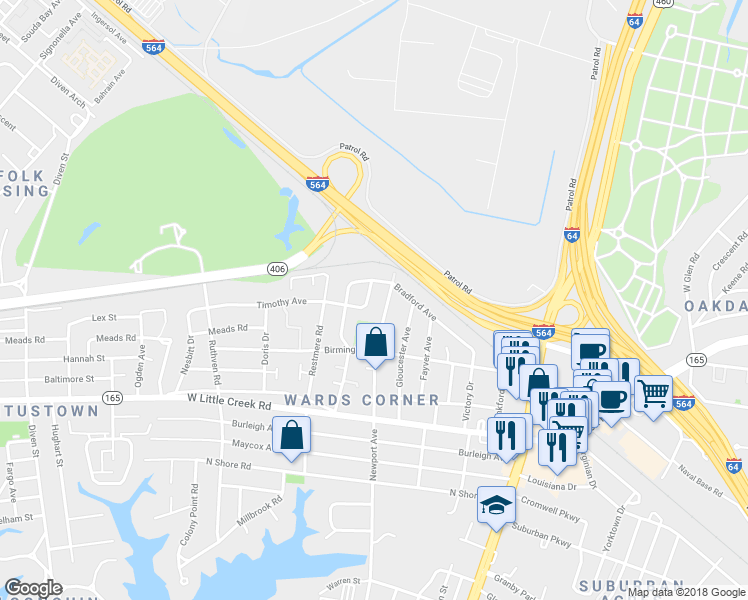 map of restaurants, bars, coffee shops, grocery stores, and more near 7808 Michael Drive in Norfolk