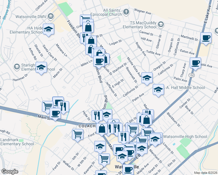 map of restaurants, bars, coffee shops, grocery stores, and more near 21 East High Street in Watsonville