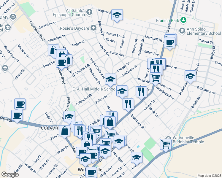 map of restaurants, bars, coffee shops, grocery stores, and more near 515 Palm Avenue in Watsonville