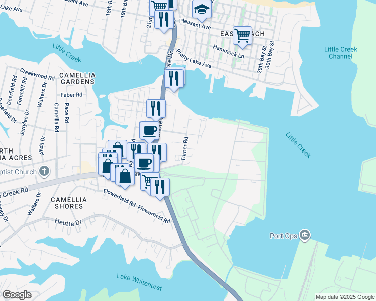 map of restaurants, bars, coffee shops, grocery stores, and more near 7920 Turner Road in Norfolk