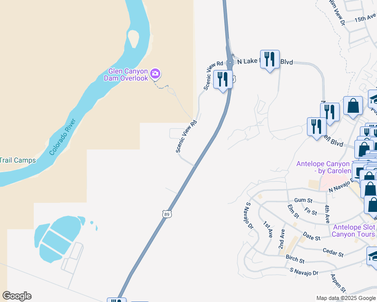 map of restaurants, bars, coffee shops, grocery stores, and more near 691 Scenic View Road in Page